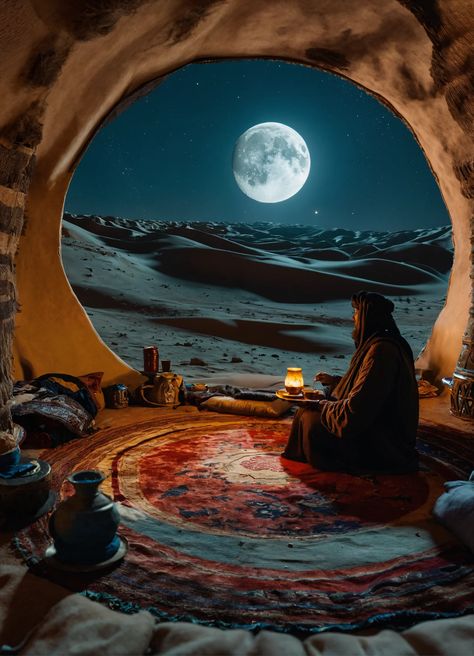 Immerse yourself in the scene of a Bedouin man enjoying Arabic coffee in a 360-degree VR sitting room 🌌🌙 Discover the beauty of traditional culture and modern technology blending seamlessly. Desert Romance Aesthetic, Arabic Culture Aesthetic, Arab Futurism, Arabs Aesthetic, Arabic Culture Art, Arab Culture Aesthetic, Bedouin Aesthetic, Bedouin Art, Islam Culture