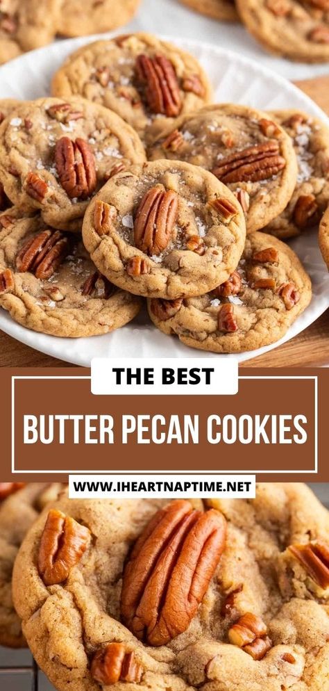 These soft and chewy butter pecan cookies have the delicious flavor combination of brown sugary goodness and nutty toasted pecans and are ready in 30 minutes! Brown Sugar Pecan Cookies Recipe, Oatmeal Pecan Cookies Recipes, Buttered Pecan Cookies, Taffy Bakery Butter Pecan Cookies, Butter Pecan Recipes, Easy Butter Pecan Cookies, Southern Butter Pecan Cookies, Butter Pecan Toffee Cookies, Butter Pecan Cookies Easy