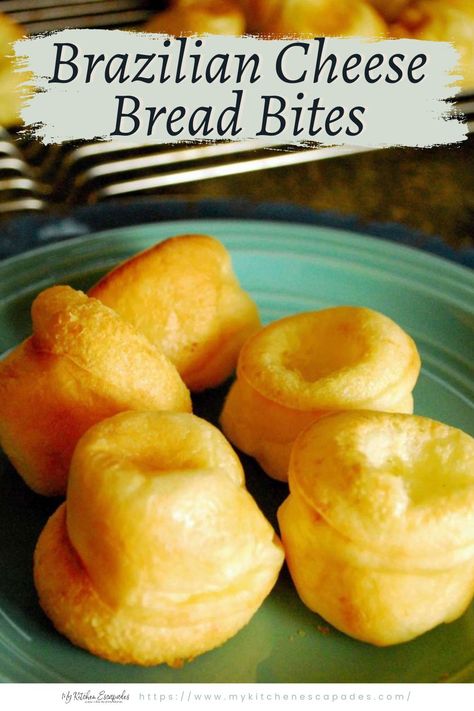 Brazilian Cheese Bread Bites on a green plate Brazilian Tapioca Bread, Tapioca Cheese Puffs, Recipes That Use Tapioca Flour, Tapioca Flour Bread, Brazilian Cheese Bread Gluten Free, Brazilian Bread, Brazilian Cheese Puffs, Fresco Cheese, Bread Bites