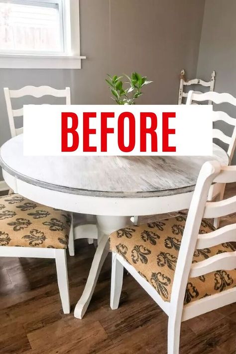 We love this dining table upcycle project. Check out the before and after dining table chairs upgrade for cheap with DIY painting kit. Furniture flips are a great way to decorate your dining room on a budget. Old Wooden Dining Table Makeover, Diy Painted Table And Chairs, Small Kitchen Table Makeover, Diy Paint Kitchen Table, Pedestal Kitchen Table Makeover, Dining Room Table Upcycle, Farmhouse Table And Chairs Makeover, Dining Chair Fabric Ideas, Upcycle Dining Table And Chairs