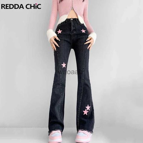 none Harajuku Jeans, Clothing Kawaii, Estilo Harajuku, Rash Guard Swimwear, Goth Clothing, Baby Tees Y2k, Y2k Baby Tee, Household Goods, Pink Star