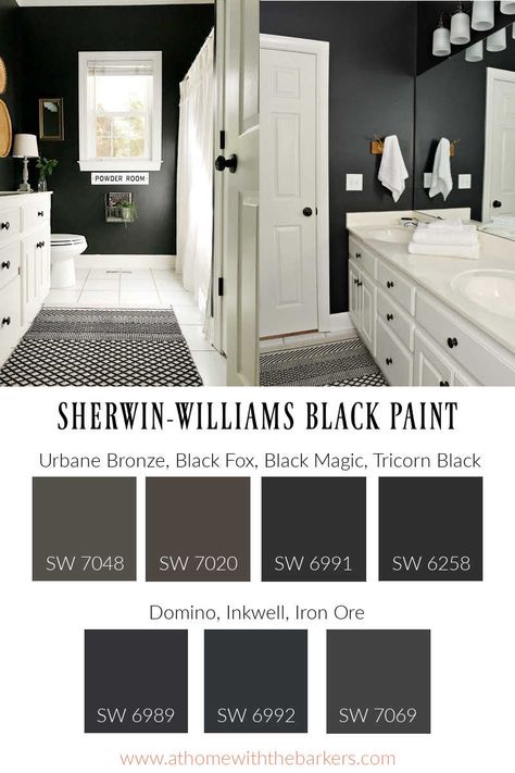 Black Bathroom Paint, Black Paint Colors, Black Painted Walls, Black Paint Color, Choosing Paint, Paint Color Inspiration, Salon Suites, Paint Color Schemes, Sherwin Williams Paint Colors