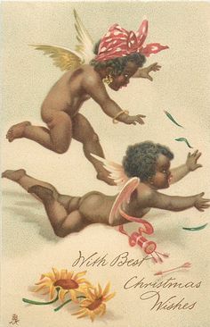 Cherub Art, Orange Daisies, Cherub Tattoo, Angels Among Us, Black Angels, Angel Tattoo, Afro Art, Vintage Greeting Cards, Angel Art