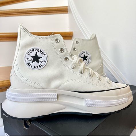 Converse Run Star Legacy Cx Hi Platform High Top Color Is White (Egret) With Black , Egret Unisex Men’s Size 10.5 / Women’s Size 12 Brand New In Box. No Flaws. “Ultra-Comfortable Cushioning And A Lightweight, Angular Platform Bring Future-Forward Style To Your Sneaker Rotation. The Latest Iteration Of The Best-Selling Run Star Hike, The Run Star Legacy Cx Mixes Bold Platform Styling With Premium Comfort. A Lightweight Cx Midsole And Sockliner Keep You Light On Your Feet, While Distorted Chuck Ta Converse Run Star Legacy, Converse Chuck Taylor Black, Converse All Star White, Converse Tennis Shoes, Tie Dye Shoes, High Top Chucks, White Athletic Shoes, Black Tennis Shoes, Converse Run