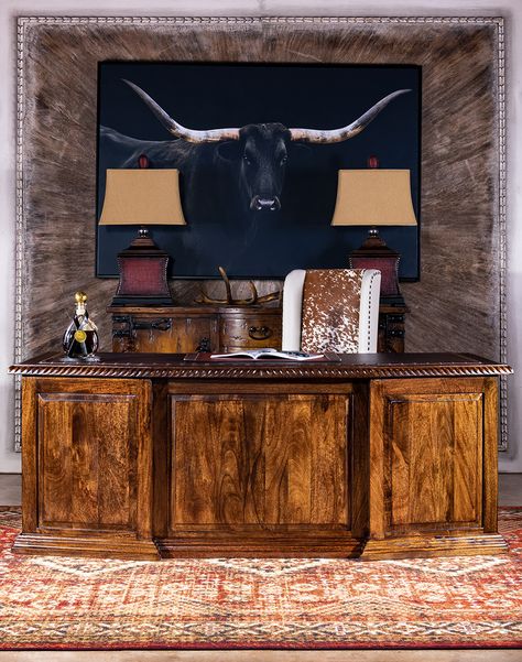 Elevate your Western-themed office with our King R Western Office Desk, Western Desk, Western Office Decor, Western Office, Carnicerias Ideas, Adobe Interior, Western Interior, Leather Inlay, Rustic Office