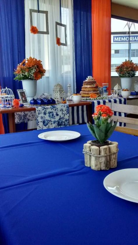 Orange And Blue Wedding Decorations, Royal Blue And Orange Wedding, Blue And Orange Wedding, Blue Table Decorations, Blue Orange Weddings, Royal Blue And Orange, Orange Wedding Decorations, Orange Weddings, Blue Graduation Party