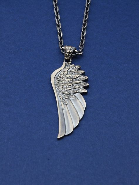 Oxidized Sterling Silver Handmade Angel Wing Necklace, Handcrafted Angel Wing Pendant, Gift for Boyfriend, Guardian Angel Wing Pendant #wingnecklaceformen #wingsjewelry #angelnecklace #luckynecklace #giftideaformen #fathersdaygiftidea #oxidizedjewelry #personalizedjewelryformen Wing Jewelry, Angel Wing Necklace, Handmade Angels, Angel Wing Pendant, Angel Necklace, Silver Wings, Wing Necklace, Oxidised Jewellery, Gift For Boyfriend