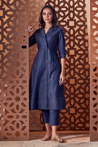 Minimalist Kurti Designs, Tussar Kurta Design, Solid Suit Designs, Aline Kurta Designs Women, Navy Blue Kurti Design, Casual Kurta Outfits Women, Collar Kurta Design, Denim Kurti Designs Latest, Blue Kurti Outfit