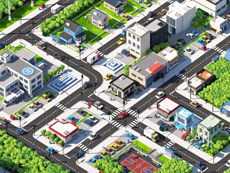 Cartoon City by Svetlana Prilepskaya on Dribbble City Top View Illustration, Isometric City Map, Community Park Design, City Builder Games, Low Poly City, Cartoon Town, City Building Game, Cartoon Building, Cartoon City