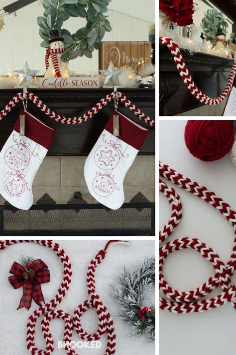 Christmas Crochet Stitches, Crochet Stocking Garland Pattern Free, Crochet Christmas Bow Garland, Holiday Crochet Garland, Crochet Christmas Door Hanger, Christmas Crochet Garland Ideas, Knitted Garland Christmas, Crochet Christmas Wall Decor, Crochet Chain Garland