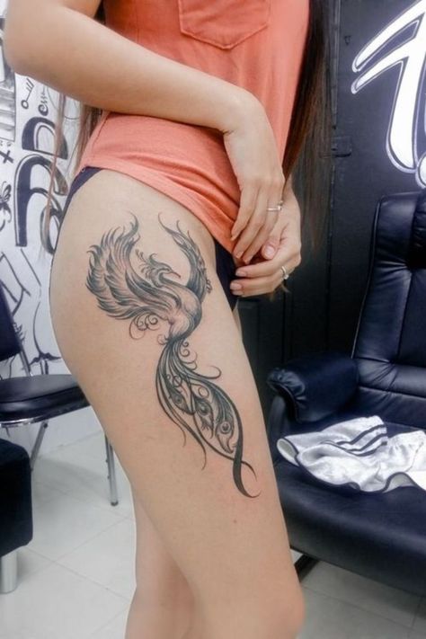 Upper Thigh Phoenix Tattoo, Womens Side Tattoo Ideas, Phoenix Thigh Tattoo For Women, Phoenix Tattoo Feminine Thigh, Phoenix Thigh Tattoo, Rebirth Tattoos, Thigh Tats, Butterfly Thigh Tattoo, Fenix Tattoo