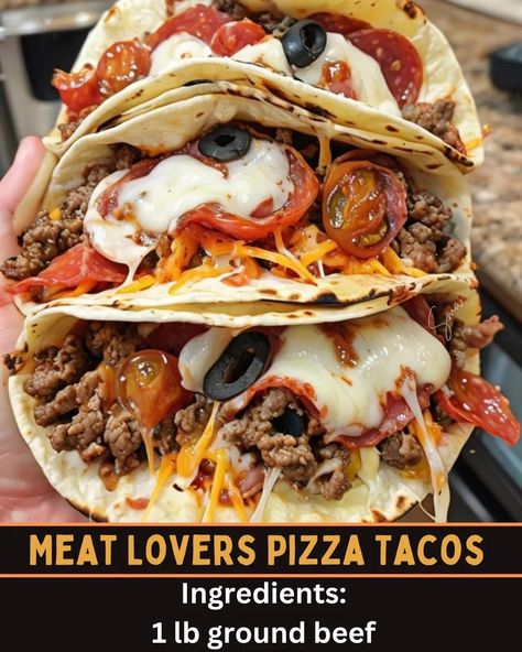 Meat Lovers Pizza Tacos – a delicious fusion of pizza and tacos with layers of seasoned meat, melted cheese, and classic pizza toppings, all nestled in a crispy taco shell. Perfect for a fun and flavorful twist on dinner!" Meat Lovers Pizza Tacos, Pizza Nachos, Taco Pizza Recipes, Pizza Tacos, Cheeseburger Meatloaf, Baked Meatloaf, Breaded Steak, Mexican Casserole Recipe, Meat Lovers Pizza