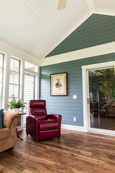 siding inside porch different than other part of house Siding Inside House, Inside Porch Ideas, Four Season Porch, 3 Season Porch Ideas, Coastal Sunroom, Cabin Update, All Season Porch, Porch Enclosure, Sunroom Remodel