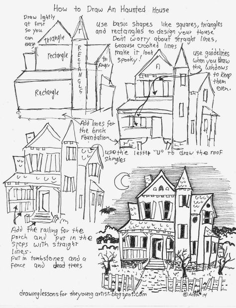 How To Draw A House, Draw A Haunted House, Drawing A House, How To Draw House, Haunted House Drawing, Art Handouts, A Haunted House, Parent Teacher, Art Worksheets