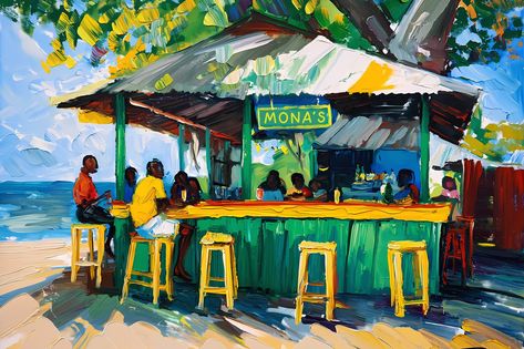 Jamaica Print of Beach Bar Art Caribbean Wall Decor Art Mona's Beach Bar Jamaican Art Culture, 3d Beach Art, West Indies Art, Jamaica Art, Triangle Park, Jamaican Art, Beach Shacks, Print Techniques, Real Painting