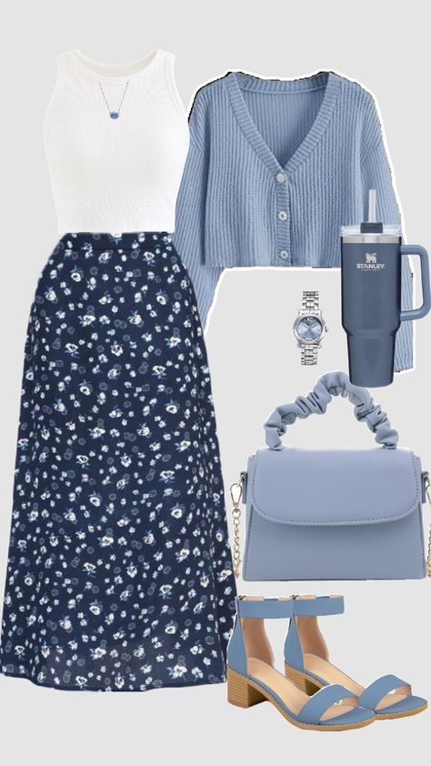 Classy Spring Outfits Casual, Blue A Line Skirt Outfit, Pastel Colored Outfits Women, Modest Outfits For Christians, Casual Evening Wedding Guest Outfit, Cute Looks For School, Girly Church Outfits, Comfortable Elegant Outfits, Summer Outfit Ideas Modest