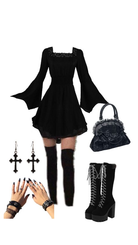 Shein Goth Outfits, Simple Gothic Outfits, Ahs Coven Outfits, Goth Birthday Outfit, Coven Outfit, Basic Goth Outfit, Simple Goth Outfits, Simple Goth Outfit, Winter Goth Outfits