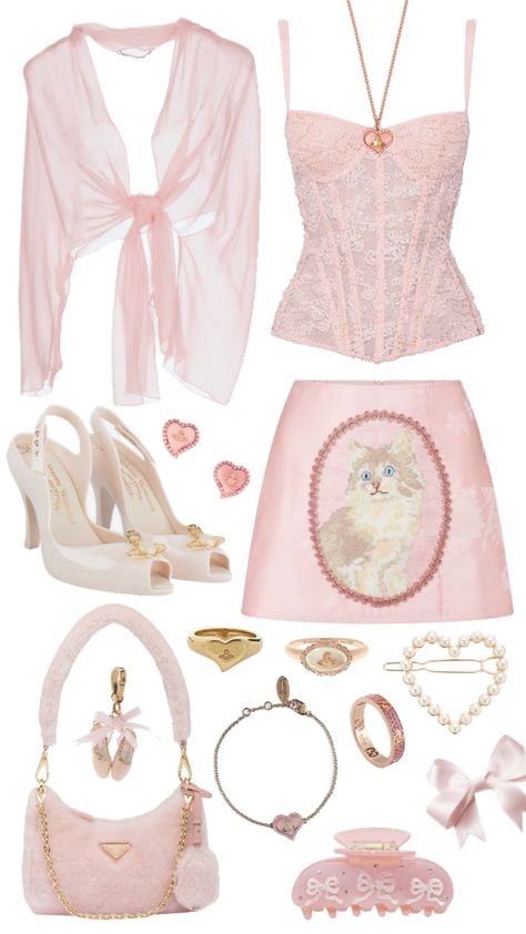 Balletcore Outfits Pink, Gold And Pink Outfit, Coquette Capsule Wardrobe, Coquette Pink Outfit, Shojo Aesthetic, Pink Corset Outfit, Pink Aesthetic Outfits, Pink And White Outfit, Outfit Coquette