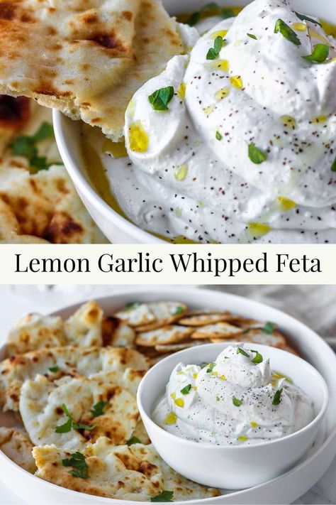 Spreads For Naan Bread, 2 Course Dinner Ideas, Feta Sour Cream Dip, Easy Fresh Appetizers, Lemon Curd Appetizer, Appetizer Using Feta Cheese, Fresh Pita Bread, Garlic Whipped Feta Dip, Greek Whipped Feta Dip