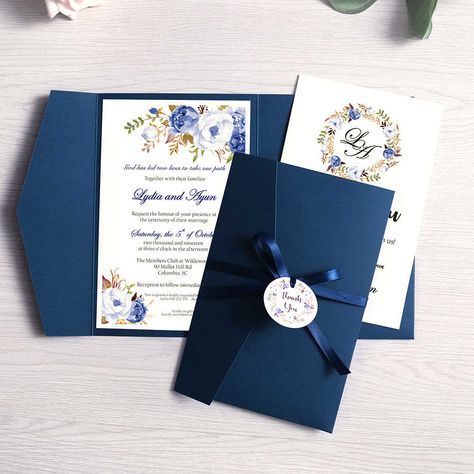 Navy Blue Wedding Invitations Simple, Invitation Card Design Blue, Wedding Invitation Cards Blue, Invitation Card Design Handmade, Diy Wedding Invitations Handmade, Simple Wedding Invitation Card, Flower Cards Handmade, Wedding Invitations Blue, Handmade Invitation Cards