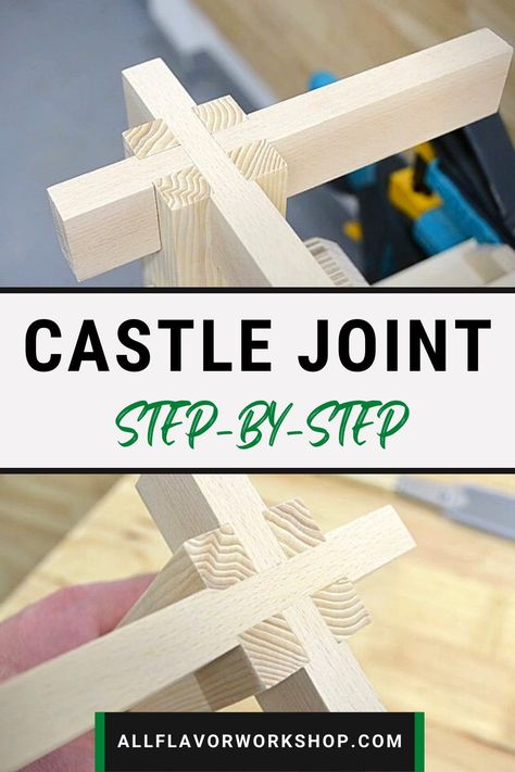 A castle joint, shiro joint or a 3 way joint is one of the strongest woodworking joints. It is a combination of a half lap cross joint and an intersecting bridle joint. It is often used to make benches, tables and other furniture where both strength and aesthetics is desired. If you are planning to make a coffee table or a bed this is the right woodworking joint for you. Learn step by step how to make a castle joint. A great weekend project for a woodworking beginner. #joinery #garageshop #diy Make A Coffee Table, Joinery Woodworking, Wood Joining, Woodworking Projects Unique, Used Woodworking Tools, Workshop Plans, Unique Woodworking, Woodworking Joinery, Woodworking Inspiration