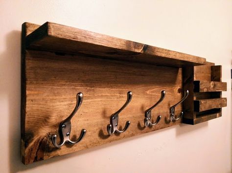 Diy Shelf With Hooks Entry Ways, Diy Wall Coat Hanger, Diy Wood Coat Rack Wall, Coatracks Entryway Wall, Coat Rack Entryway Diy, Diy Wall Shelf With Hooks, Diy Coat Rack Shelf, Diy Entryway Shelf, Diy Coat Hanger Wall