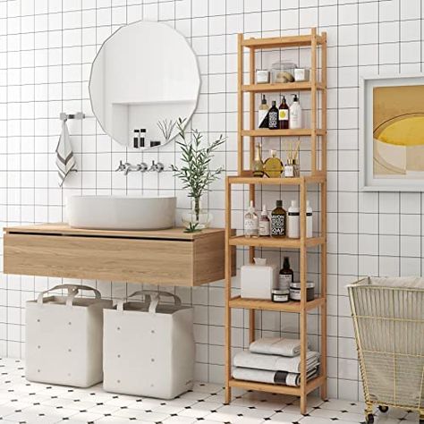 Standing Shelves In Bathroom, Diy Bathroom Stand, Shelving Unit Bathroom, Bathroom Standing Shelf, Bathroom Ladder Shelf, Bathroom Storage Stand, Bathroom Shelf Unit, Shelves Plant, Shelf Tall