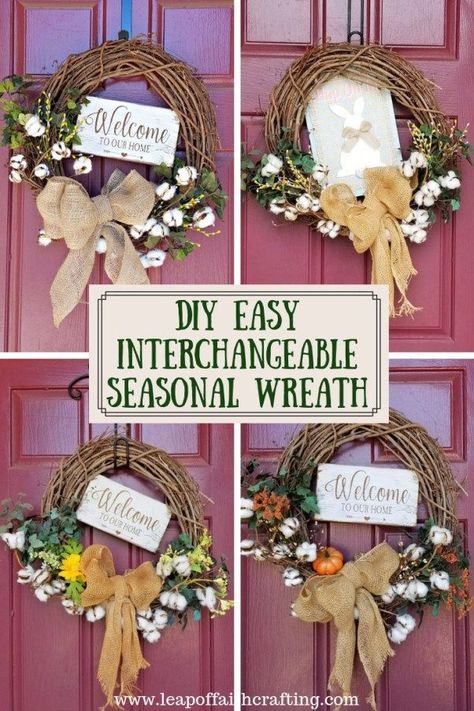 Easy DIY wreaths for front door for all seasons!  Easily change a few things to make it work for fall, summer, spring, and winter! #wreath #diy #diyhomedecor #frontdoors #diywreath Diy Wreaths For Front Door, Interchangeable Wreath, Remodel Stairs, Easy Diy Wreaths, Diy Spring Wreath, Door Signs Diy, Front Porch Christmas Decor Ideas, All Season Wreath, Porch Christmas Decor Ideas