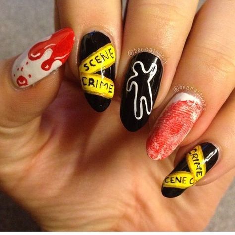 12 Halloween Inspired Nail Designs To Get You In Season - Society19 The Shining Nails, Holiday Acrylics, Scene Nails, Batman Nails, Artsy Nails, Halloween Nail Ideas, Black Halloween Nails, Horror Nails, Holloween Nails