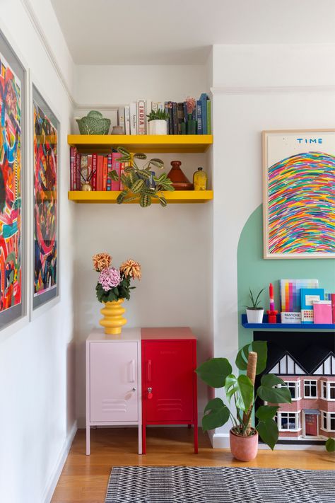 From a little splash to a bold pop, learn how to master the Viral 'Unexpected Red Theory' trend for any space. Pink may have been the design colour of 2023 in 'Barbiecore', but red has surely taken over as the colour of 2024.   #mustard #mustardmade #mustardmadelockers #lockers #storage #unexpectedred #unexpectedredtheory #unexpectedredtrend Bold Colours Interior Design, Colorful Simple Living Room, Locker Living Room, Locker Interior Design, Primary Color Room, Unexpected Red Theory, Bright Color Interior Design, Colour Of 2023, Colourful Mid Century Modern