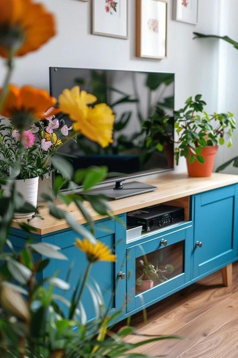 Refreshing Your Space: Painting TV Stand Ideas Painting Tv Stand Ideas, Colorful Tv Stand, Innovative Painting, Tv Stand Diy, Easel Tv Stand, Painted Tv Stand, Blue Tv Stand, Old Tv Stands, Tv Stand Ideas