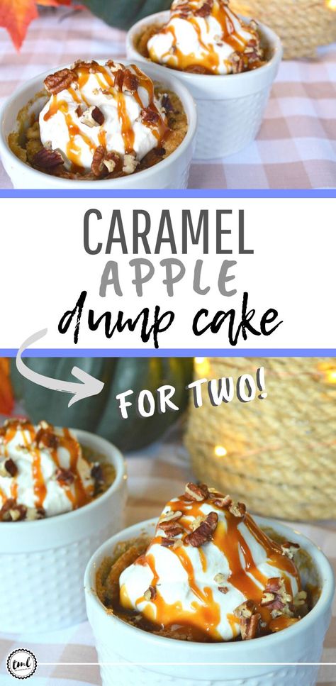 Caramel Apple Dump Cake For Two | It's like apple pie, but better, because you only need a few simple ingredients and it only takes a fraction of the time to make. It's the perfect date night dessert for two, or to treat yourself (without having to bake an entire pie) | A recipe to enjoy beyond the holidays, but also the perfect recipe in a pinch | #caramelapple #sweettooth #dumpcake #dessertrecipes #appledessert | theMRSingLink Dessert Recipes For Date Night, Desert For 2 People, Apple Dessert For Two, Single Apple Dessert, Thanksgiving Dessert For Two, Dessert Recipes For 2 People, 2 Person Dessert, Single Serve Apple Dessert, Desserts For 4 People