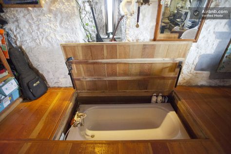 Hot Tub Hidden Under Floor | StashVault - Secret Stash Compartments Space Saving Furniture Tiny Houses, Tiny House Bed, Tiny House Bathtub, Wohne Im Tiny House, Tiny House Furniture, Tiny House Company, Small Bathtub, Tiny House Storage, Small Tiny House