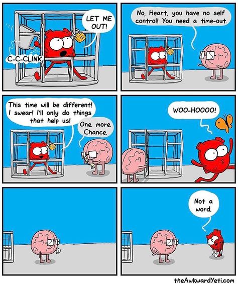 The Awkward Yeti Akward Yeti, Heart And Brain Comic, Heart Vs Brain, Awkward Yeti, The Awkward Yeti, Heart And Brain, Life Comics, Brain And Heart, Medical Humor