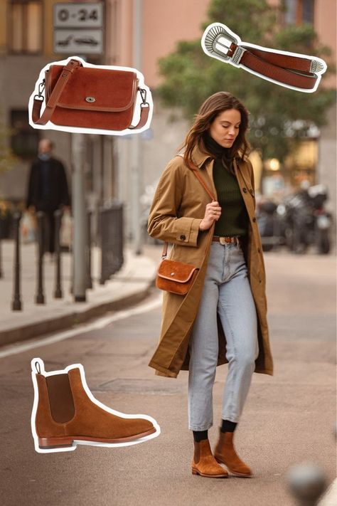 Autumn outfits, free-time mood. Waterproof trench, flat-rib woollen turtleneck, vintage jeans. Autumn Outfits, Leather Chelsea Boots, Free Time, Mix N Match, Vintage Jeans, Mix And Match, Suede Leather, Chelsea Boots, Camel