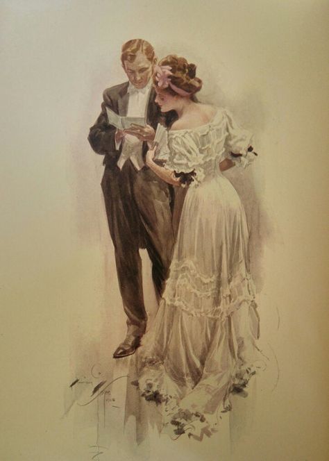 1900s Illustration, Edwardian Illustration, Books Mystery, Reading Together, Harrison Fisher, Victorian Illustration, Victorian Man, Art Through The Ages, Victorian Couple