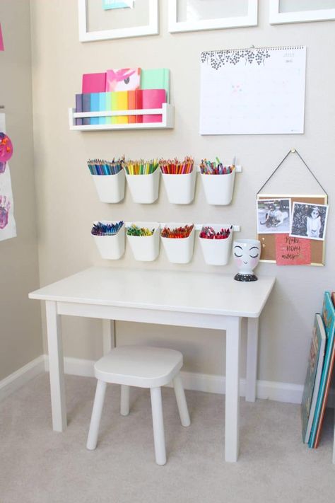 This little rainbow playroom craft corner is perfect for a toddler! And, we can't resist all the craft supply organization ideas...   #projectnursery #playroom #rainbow Baskets Organization, Organization Baskets, Pastel Playroom, Baby Playroom, Girls Playroom, تصميم داخلي فاخر, Playroom Art, Playroom Design, Hiasan Bilik