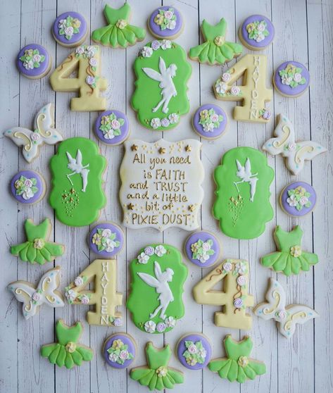 Tinkerbell Strawberries, Tinkerbell Birthday Cookies, Tinker Bell Cookies, Tinkerbell Desserts, Tinkerbell Cookies, Fairy Cookies, Tinkerbell Party Theme, Tinkerbell Birthday, 2nd Birthday Party For Girl