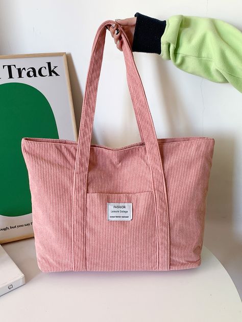 Pink Preppy   Corduroy Letter Shoulder Tote Bag Embellished   Women Bags Corduroy Bag Pattern, Corduroy Handbags, Patron Tote Bag, School Tote Bags, Tote Bag Inspo, Tote Bags With Zipper, Tote Bag For School, Tote Bag Business, College Tote Bag