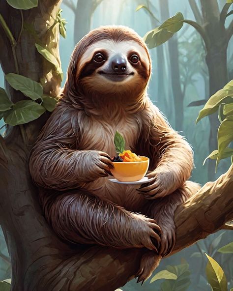 Good Morning ☀️ #ai #sloth #art #morning #coffee #timeforcoffee #bresk Jungle Project, Bowls Of Fruit, Sloth Pictures, Sloth Illustration, Sloth Cartoon, Time Perception, Seeking Peace, Calming Tea, Sloth Art