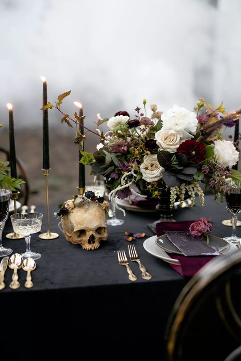 FAll Engagement Party Ideas: Modern Gothic Dinner Gothic Wedding Decorations, Romantic Halloween, Halloween Wedding Decorations, Haunted Wedding, Misty Trees, Dark Romantic Wedding, Ballet Wedding, Gothic Wedding Theme, Witch Wedding