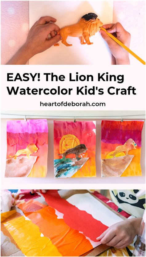 Do your kids love The Lion King? Make this EASY Lion King kids craft with tissue paper watercolor. Your kids will have a blast making this sunset poster with pride rock!  #disneykids #kidscrafts #watercolor #kidsactivities #thelionking Lion King Crafts Preschool, Lion Projects For Kids, The Lion King Crafts, Lion King Preschool Activities, Lion King Activities For Kids, Lion King Crafts For Kids, Disney Activities For Kids, Disney Sleepover, Craft With Tissue Paper