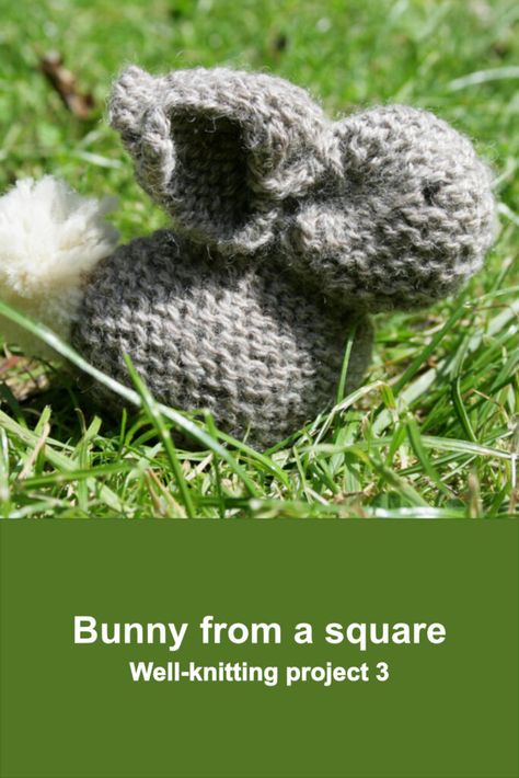 Grey hand-knit bunny with a cream tail sitting on a grass lawn Bunny From A Square, Rowan Yarn, Sheep Breeds, Blue Bunny, Cast Off, A Bunny, Garter Stitch, Cute Friends, Yarn Needle