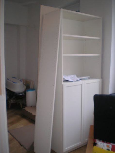 Door to room opened, taken from inside the room Door closed, taken from outside the room (living room) Materials: 3 40cm-wide Billy bookshelves with doors, IKEA cloth Description: We needed to create a room for our child, and decided to build it with Billys, rather than create an actual wall. So we chose to use [&hellip Ikea Room Divider, Cheap Room Dividers, Ikea Room, Room Divider Headboard, Small Room Divider, Temporary Room Dividers, Closet Ikea, Metal Room Divider, Billy Regal