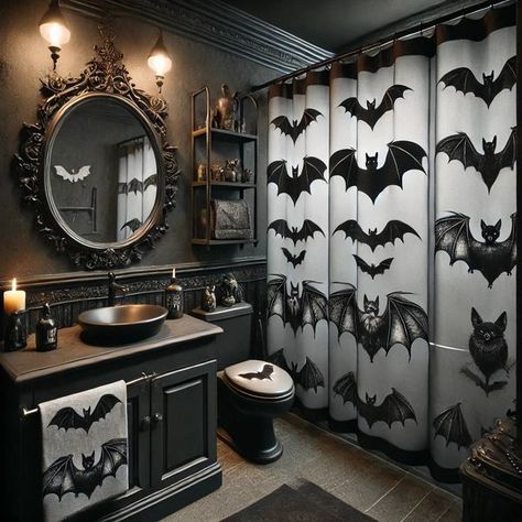 Bat lovers Small Gothic Bathroom, Vampire Bathroom, Dark Academia Bathroom, Gothic Bathroom Ideas, Emo Room, Vampire Decor, Bat Decor, Gothic Bathroom, Gothic Stuff