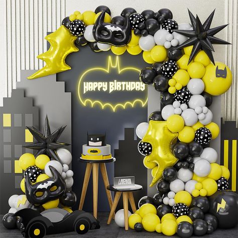 PRICES MAY VARY. PACKAGE INCLUDE: 46pcs black balloons,46pcs yellow balloons,30pcs grey balloons,15pcs polka dot balloons,2pcs starburst balloons,2pcs mask baloons,2pcs lightning balloons,1pcs balloon arch strip tape,1 roll of 100 dot glue. PREMIUM MATERIAL: Our party balloons are made of natural latex, non-toxic. All materials are of high quality and good safety. WIDELY APPLICATIONS: The bat hero balloon garland arch is perfect for bat hero theme party,movie theme party,birthday party,baby show Batman 2nd Birthday Party Ideas, Batman Backdrop Ideas, Xmen Birthday Theme, Batman 2nd Birthday Party, Batman Balloon Garland, Batman Birthday Decorations, Grey Birthday Party Decorations, Boys Birthday Decoration Ideas, Boys 5th Birthday Party Ideas