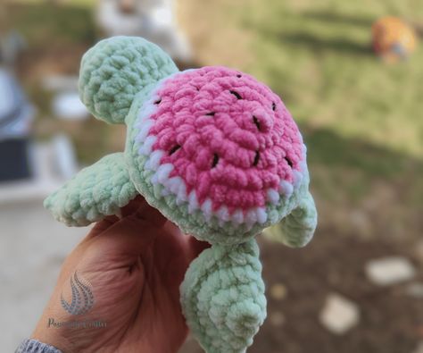 No-Sew Crochet Turtle Plush Pattern Free Crochet Stuffed Turtle, Crochet Watermelon Turtle, Crochet Turtle Pattern Free, Plush Pattern Free, Watermelon Turtle, Turtle Amigurumi, Crochet Turtle Pattern, Turtle Crochet, Crochet Monkey