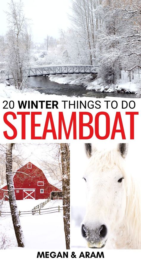 Planning a trip to Steamboat Springs in winter? This guide lays it all out for you - from things to do to festivals, and more! Click to learn more! | Winter in Steamboat Springs | Visit Steamboat Springs | Steamboat skiing | Skiing in Steamboat Springs | Snowboarding in Steamboat Springs | Hiking Steamboat Springs | Steamboat Springs weekend trip | Steamboat Springs day trip | Steamboat Springs winter getaway | Steamboat Itinerary | Steamboat in December Steam Boat Springs Colorado, Things To Do In Steamboat Springs Co, Steamboat Springs Colorado Winter, Colorado In Winter, Steamboat Colorado, Colorado Christmas, Christmas Towns, Vacation Winter, Steamboat Springs Colorado