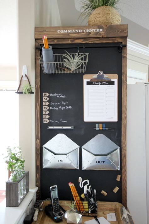 Industrial Command Center Chalkboard Command Center, Organize Desk, Family Command Centers, Diy Command Center, Home Command Center, Command Centers, Wand Organizer, Family Command Center, Chalkboard Ideas