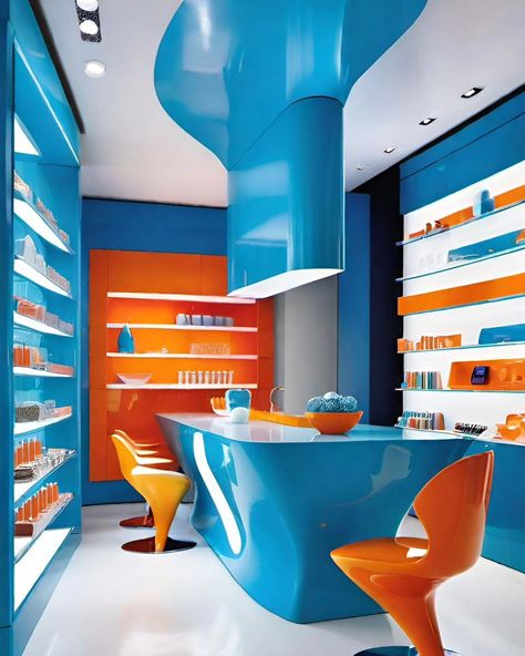 ◾️Azure◾️ Blue Orange Design is a dynamic approach that combines the complementary colors of blue and orange to create visually stimulating and emotionally engaging environments. This design concept captures attention with its striking contrast, fostering positive emotional responses and enhancing brand identity. The interplay of calming blue and energizing orange creates a balanced atmosphere that can be tailored to various settings, from serene to vibrant, elevating the perceived value of p... Color Balance Interior, Blue And Orange Interior, Coffee Decorations, Orange Restaurant, Orange Cafe, Events Branding, Orange Bar, Colors Of Blue, Blue Interior Design